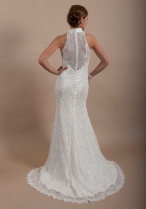 Gorgeous soft lace glamorous gown with high neck, sheer back &amp; buttons from neck to train - now available at Pink Confetti